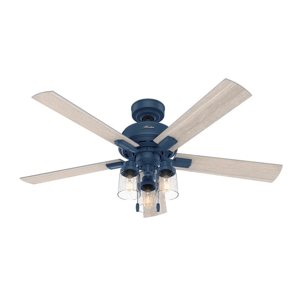 Hunter Fans 52" Hartland Lighted Ceiling Fan Indigo Blue Finish with 5 Light Gray Oak Blades for Indoor Spaces