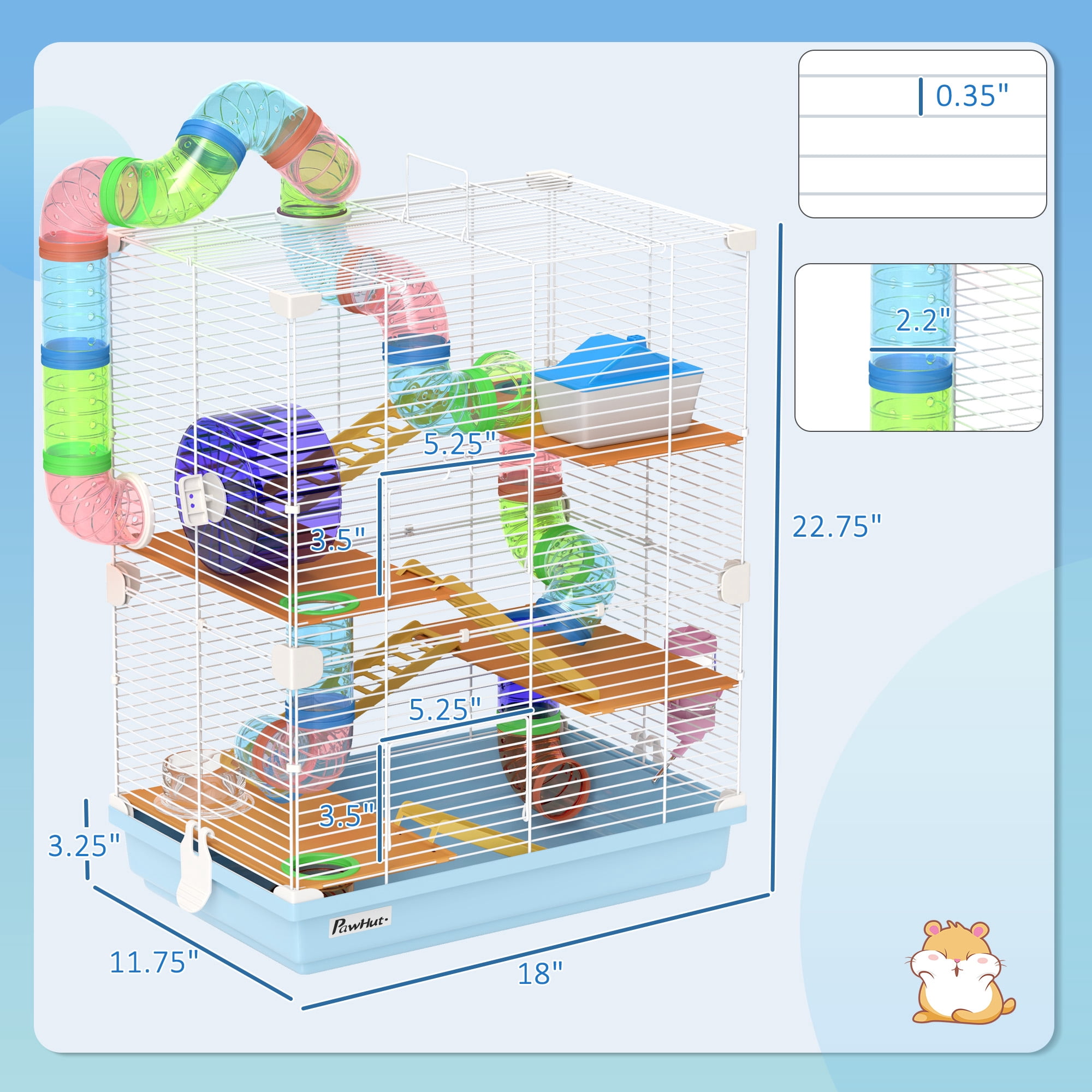 PawHut 18" 5-Tier Hamster Cage with Wheel and Water Bottle, Light Blue