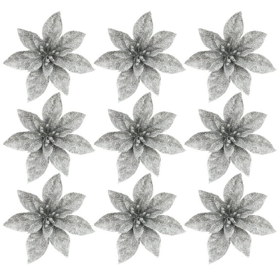 Gymnture 9 Glitter Poinsettia Xmas Tree Ornaments - Silver