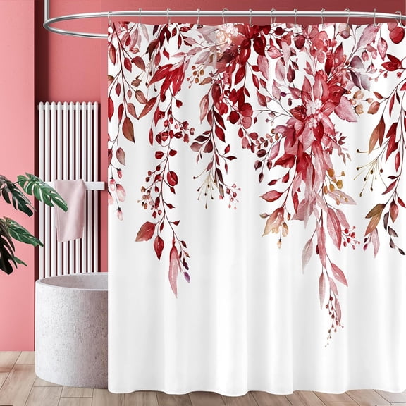Burgundy Red Eucalyptus Shower Curtain, Watercolor Plant Leaves Floral Shower Curtain for Bathroom, Botanical Nature Fabric Bath Curtain Cloth Shower Curtain Set with Hooks, 72x72