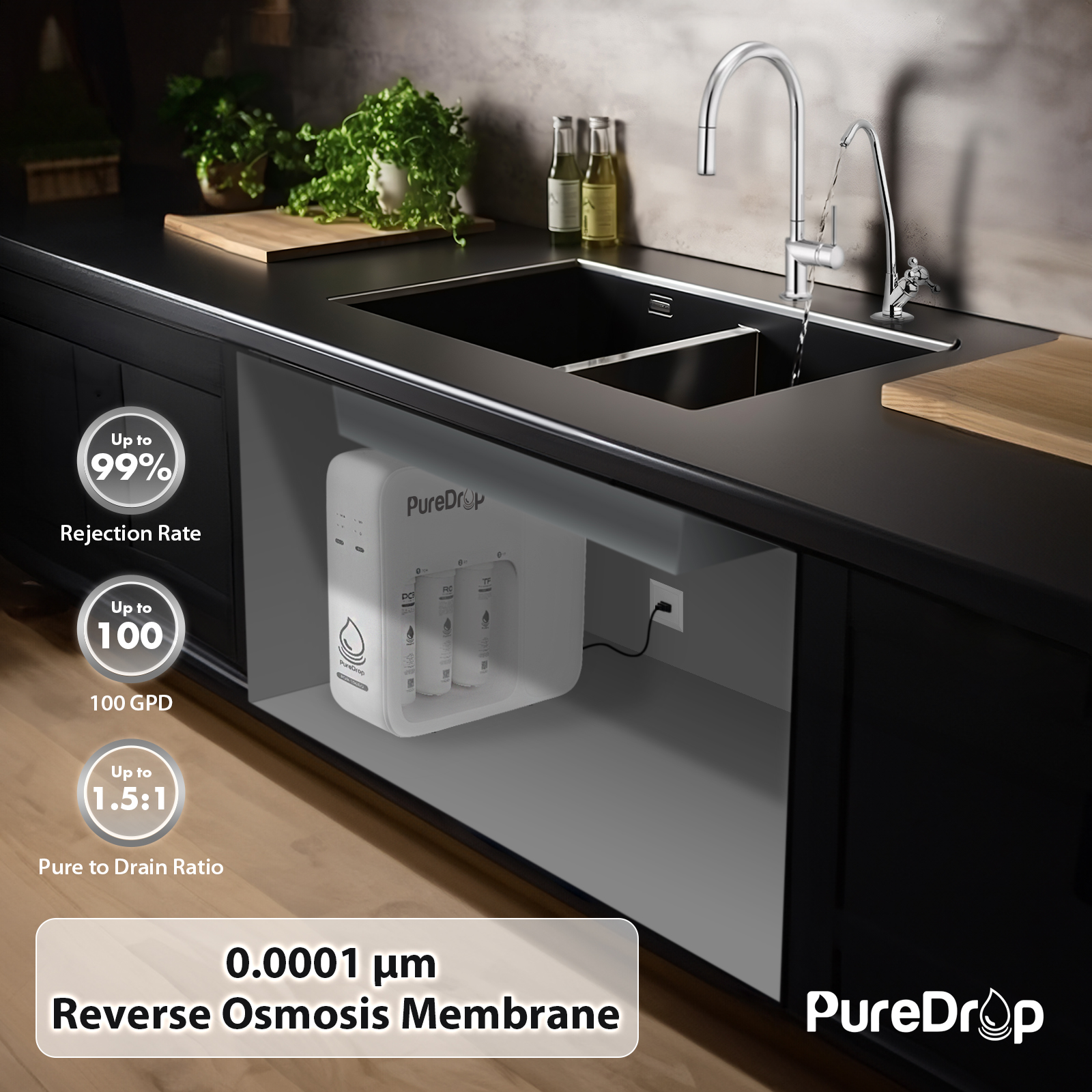 PureDrop PDR-100RO Under Sink 3-Stage Reverse Osmosis Drinking Water Filtration System High Capacity 100 GPD Fast Flow Tankless System