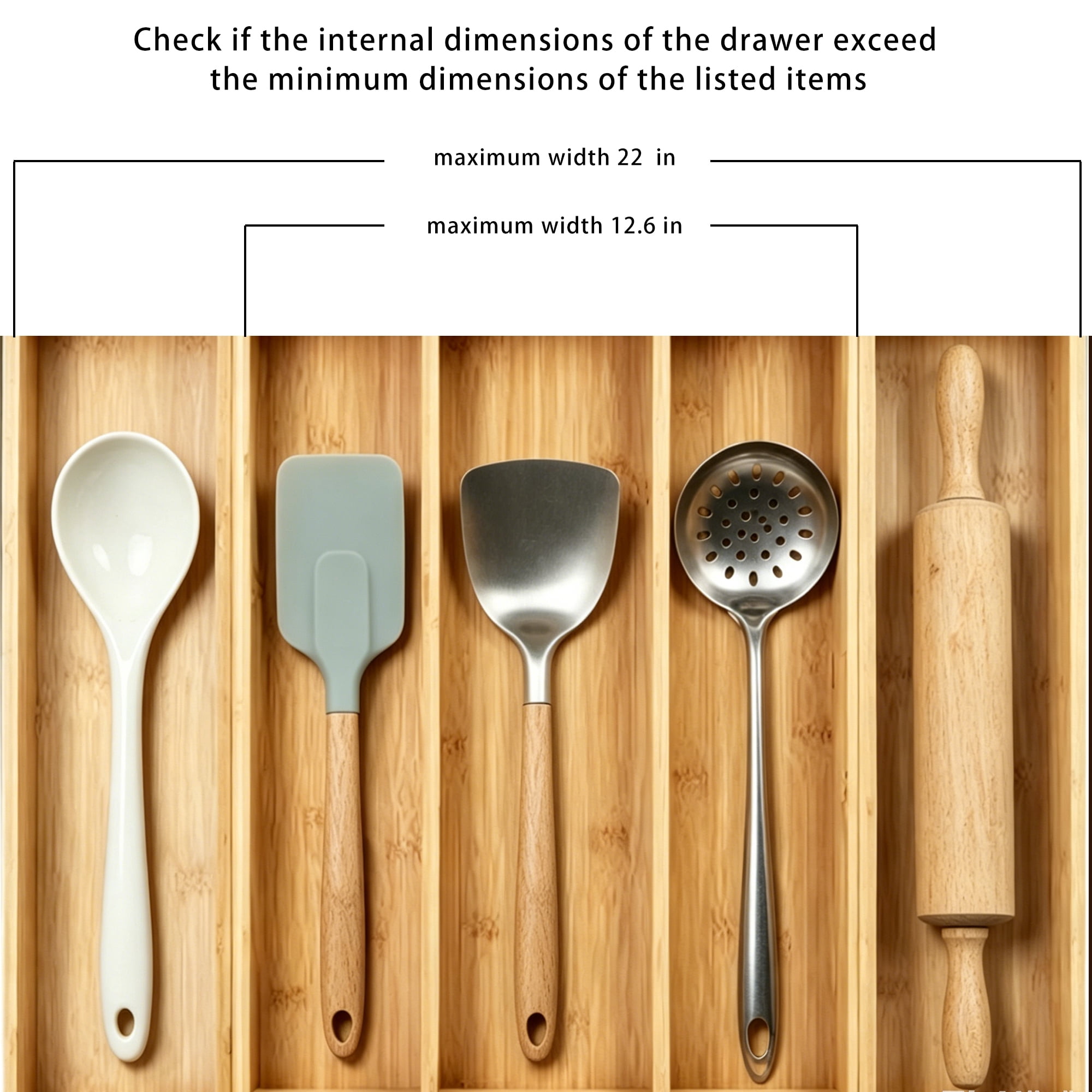 Bamboo Expandable Kitchen Drawer Organizer, Adjustable Utensil Holder and Cutlery Tray Organiser, Drawer Divider for Silverware, Flatware, Knives in Kitchen, Bedroom, Living Room, 5 Slot