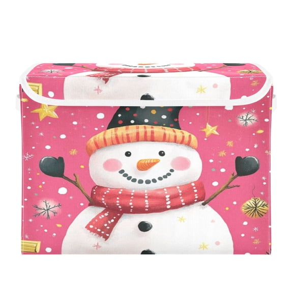 Storage Box With Lid 16.5x12.6x11.8In Foldable Stacked Household Storage Box Pink Christmas Snowman