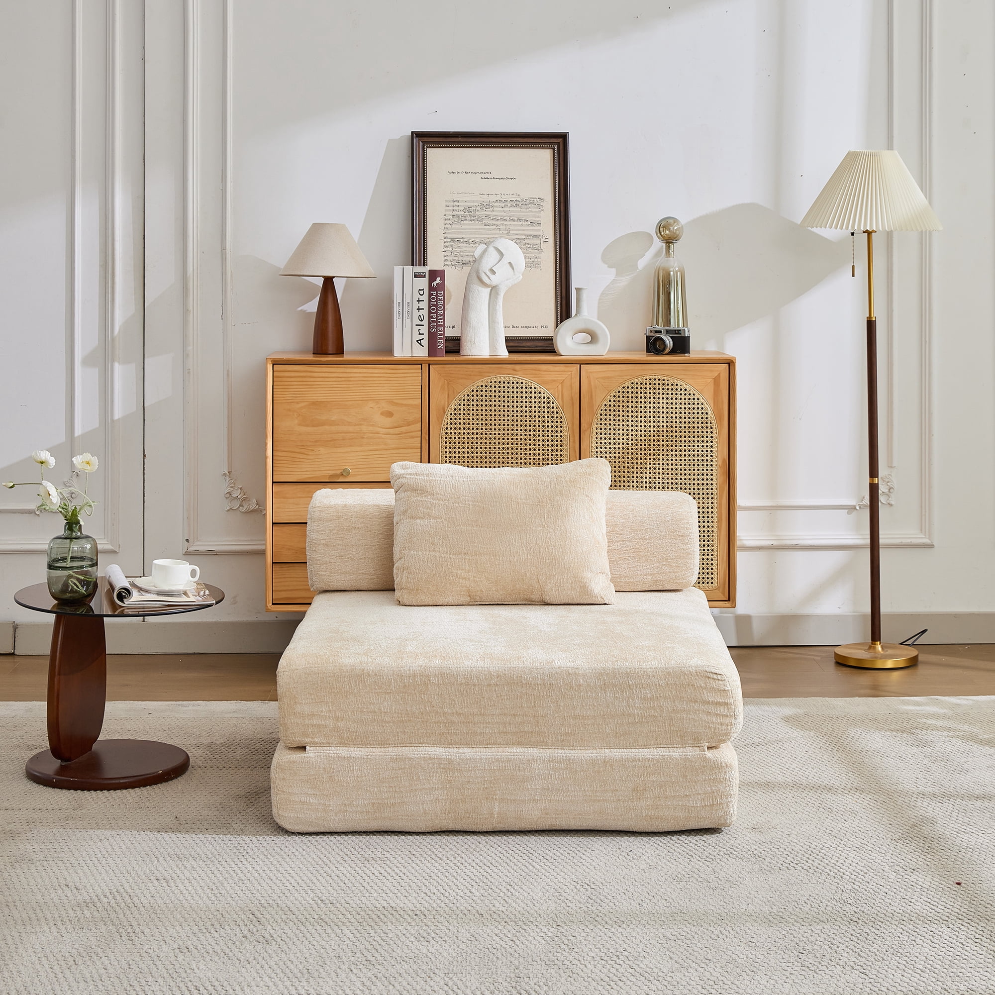 Miniyam Folding Sofa Bed, Convertible Sleeper Chair with Pillow Foldable Mattress with Back Support, Beige