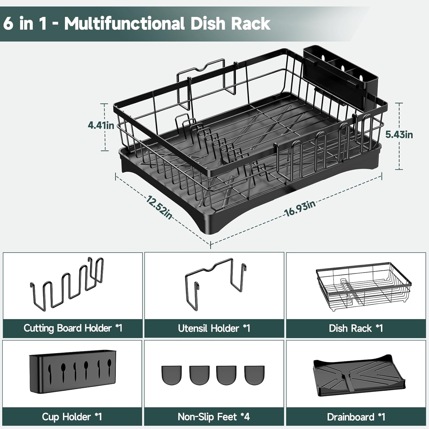 Dish Drying Rack, AOKIWO Kitchen Counter Stainless Steel Large 1 Tier Dish Drainer with Drainboard Over Sink for Cups, Knives, Spoons, and Forks (L16.9"*W12.5")