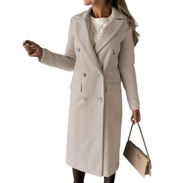 Avamo Women Button Down Long Sleeve Outwear Fall Double-breasted Jacket Beige S