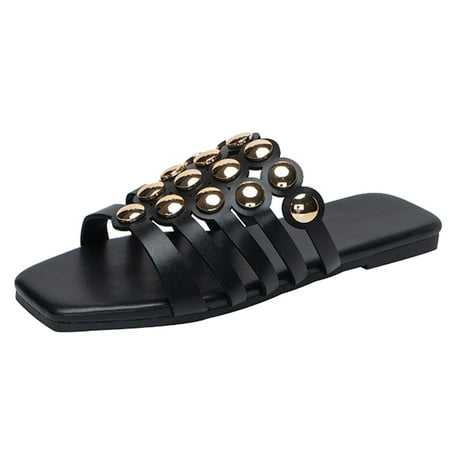 

B91xZ Summer Sandals for Women Fashion Flat Solid Color Casual Hollow Out Slippers Outdoor Elegant Square Head Sandals Light Womens Sandals Size 8.50