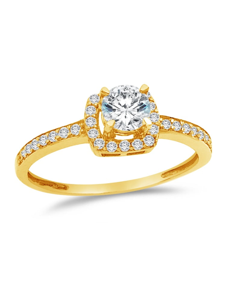 Ladies 14K Yellow Gold Solid Solitaire Ring w/Accents Round 1.0CT CZ Clear 