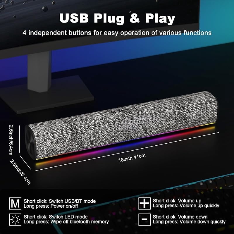 R100 Bluetooth Computer Speakers with Dynamic LED Light, USB Plug & Play PC Speakers with Switch Button, Clearly Sound Soundbar for Desktop Laptop Monitor(USB-C to USB Adapter Included)