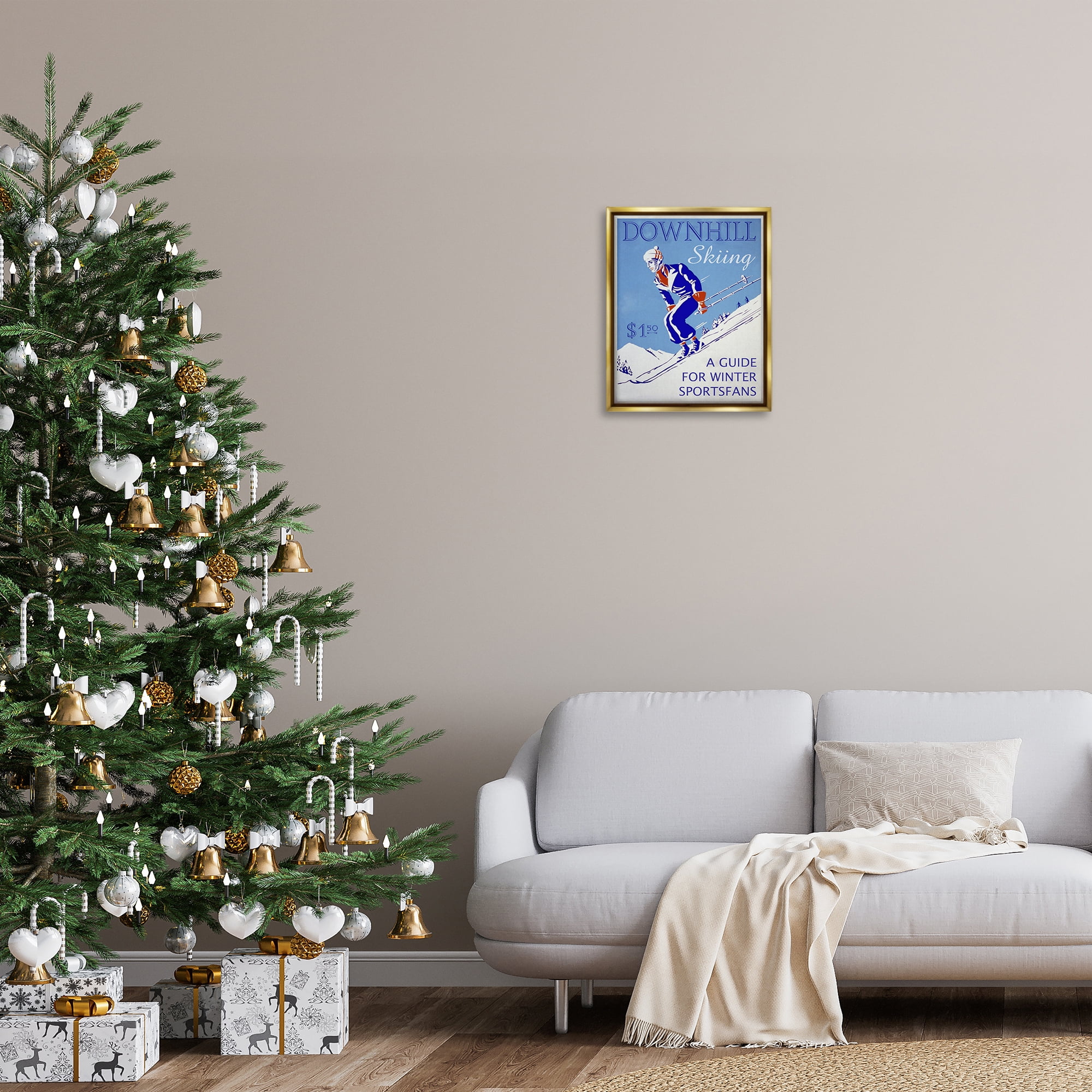 Stupell Industries Vintage Downhill Skiing Sports Painting Gold Floater Framed Canvas Art Prints Wall Art, 17 x 21
