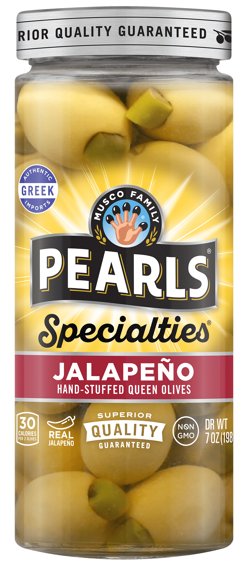(3 pack) Pearls Specialties Jalapeño Stuffed Queen Olives 7 oz. Jar. Major Allergens Not Contained.