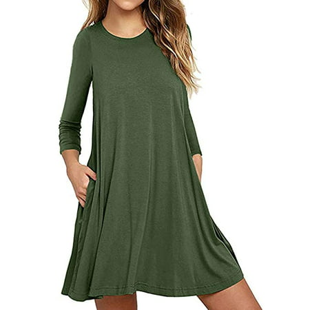 Women Long Sleeve Pleated T-Shirt Dress With Pockets Casual Loose Tunic Dress