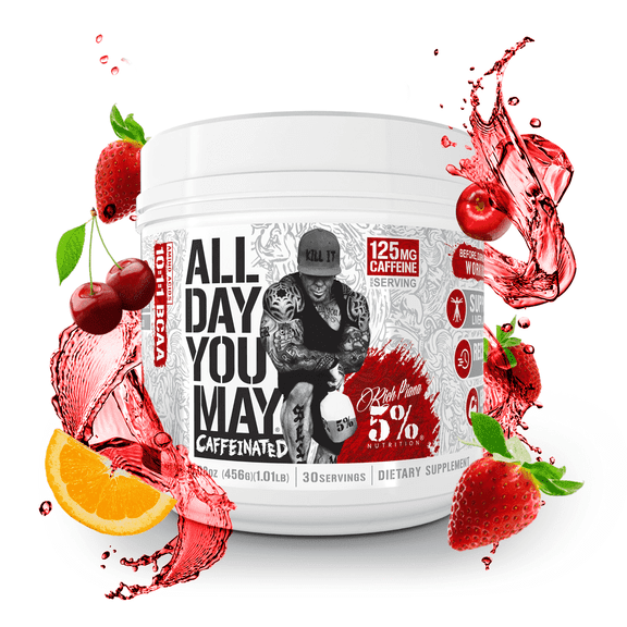 5% Nutrition Rich Piana AllDayYouMay Caffeinated BCAA Energy Powder | Premium Pre Workout Amino Energy & Electrolytes | Hydration, Endurance & Recovery | 16.08 oz, 30 Servings (Fruit Punch)