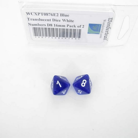 Blue Translucent Dice with White Numbers D8 Aprox 16mm (5/8in) Pack of 2 Wondertrail