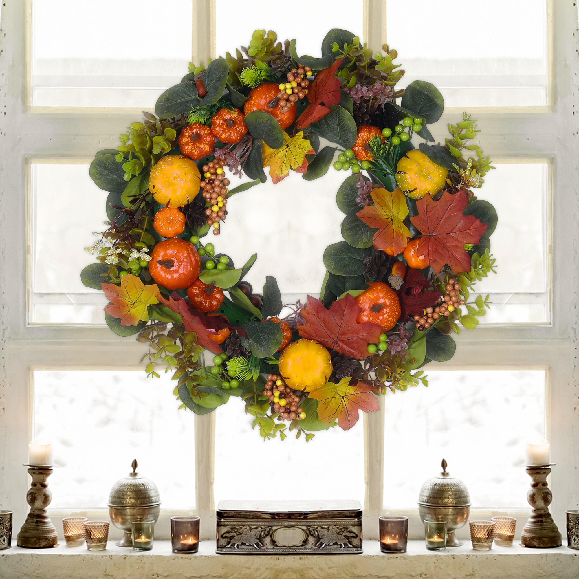 Unique Bargains Halloween Pumpkin Wreath Front Door Decor with Berries Maple Leaves Yellow