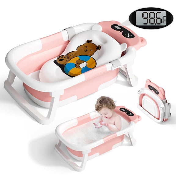 COOSEYA Baby Bathtub ,Collapsible Baby Bathtub , Bath Tub with Cushion and Thermometer ,Newborn to Toddler Portable Travel Multifunctional Bathing 0-2 Years (Bear/Pink)