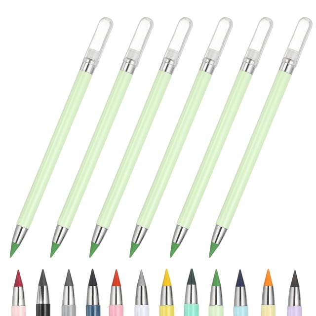 6 Pcs Mechanical Sharpened Forever Pencils Set, Marker Green