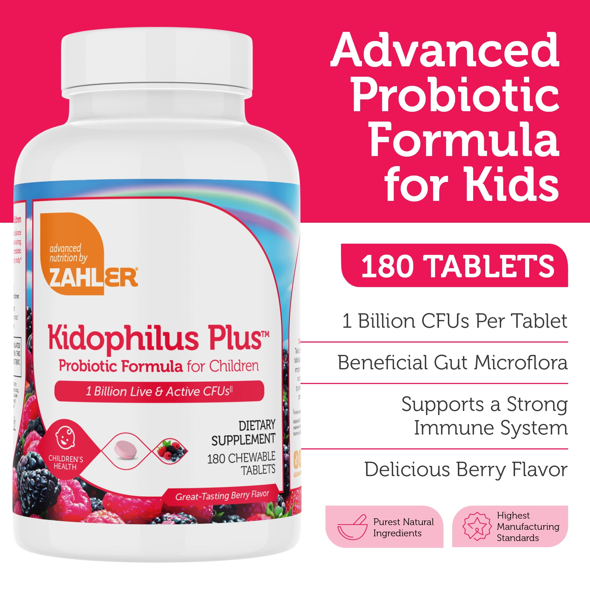 Zahler Kidophilus Plus, Probiotic Formula For Children, Berry, 1 Billion CFUs, 180 Chewable Tablets