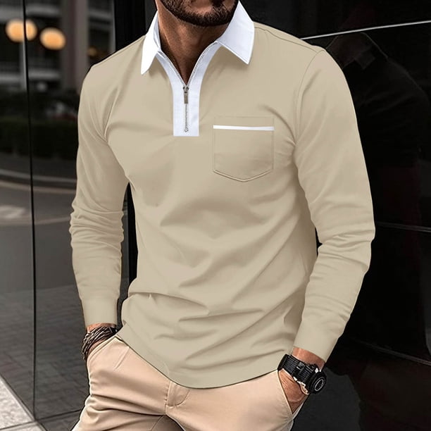 pstuiky camisas de manga larga para hombre, Camisa de golf de moda para hombre, de manga larga, con bolsillo y cuello abatible, de color liso salir tops xxl
