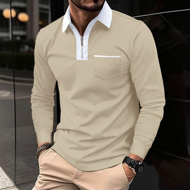 Chemises pour Hommes, Hauts de Chemise de Golf Mode pour Hommes à Couleur Unie avec Poche à Manches Longues et Col Rabattable