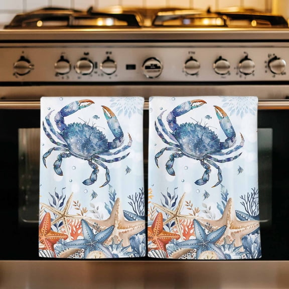 Crab Coastal Kitchen Towels Set of 4, Summer Beach Blue Ombre Coral Starfish Absorbent Dish Towels for Kitchen, Microfiber Hand Towel, Quick Drying Tea Towel for Cleaning Decorative Dishcloths