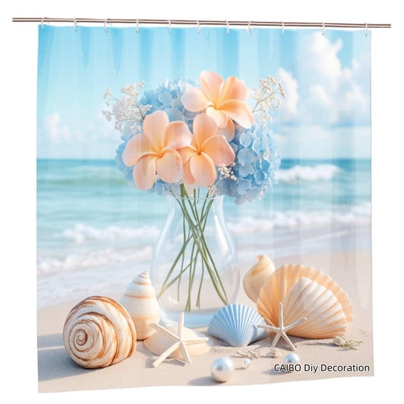 Joocen Polyester Shower Curtain With Beach Scene And Flowers For Home Bathroom Bath Tub Decoration 72x72 inch