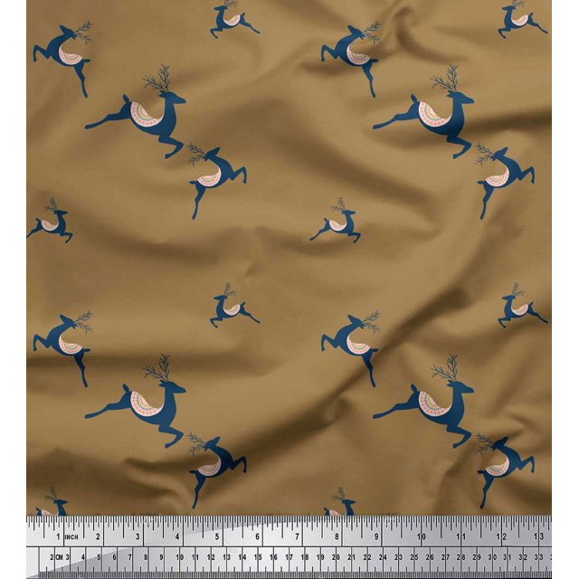 Soimoi Tissu Crêpe polyester Marron Imprimé de Renne, Largeur 52 Pouces