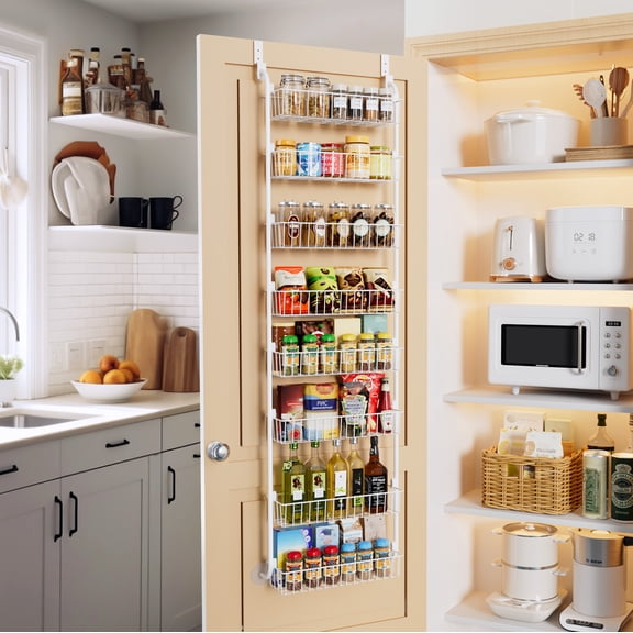 Delamu 8-Tier Hanging Spice Rack, Heavy-Duty Metal Over the Door Pantry Organizer, Hanging Storage 16' Width Kitchen Door Rack, White
