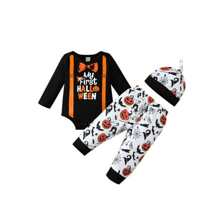 

Sunisery Kids Baby Boys Halloween 3pcs Outfits Set Long Sleeve Tops Romper Pumpkin Striped Pants Hat Clothes Black 3-6 Months