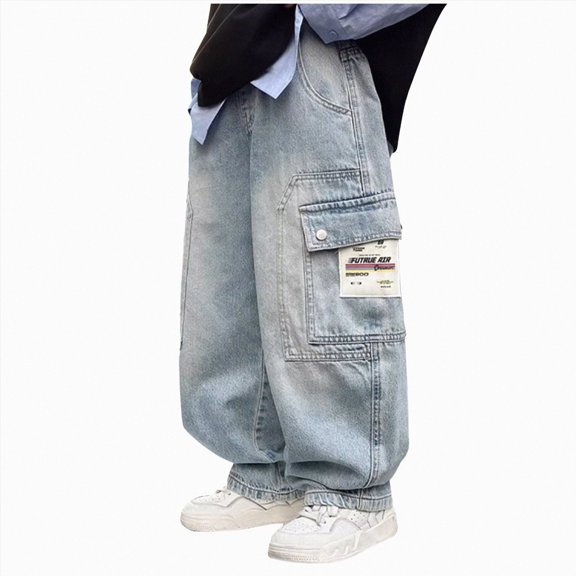 NOLDARES Boys Baggy Jeans Straight Wide Leg Casual Jeans Elastic Waist Loose Y2K Streetwear Vintage Denim Pants with Pockets,Blue,8-9 Y