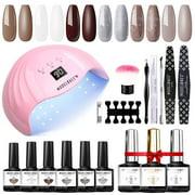 Modelones Gel Nail Polish Kit with UV Light Brown White Glitter Gel Nail Kit with 48W Nail Lamp Gel Top Base Coat Modelones Soak off Nude Nail Gel Manicure Kit for Women Starters DIY Home for Gift