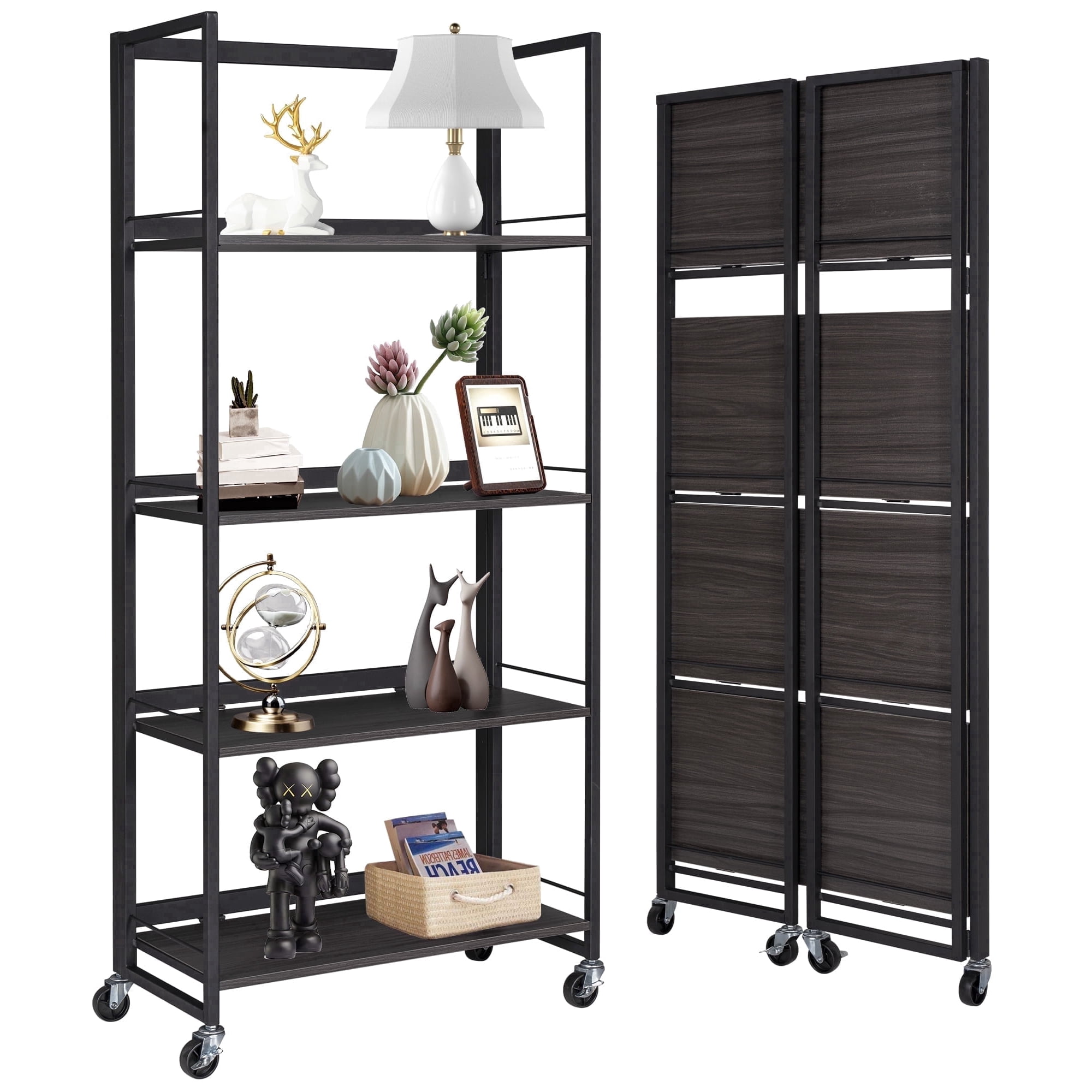Calmwrd No-Assembly Folding Bookshelf Storage Rack Shelves with Castors 4 Tiers Vintage Bookcase Standing Racks Multifunctional Plant Flower Stand Study Organizer for Home Office (Wood)