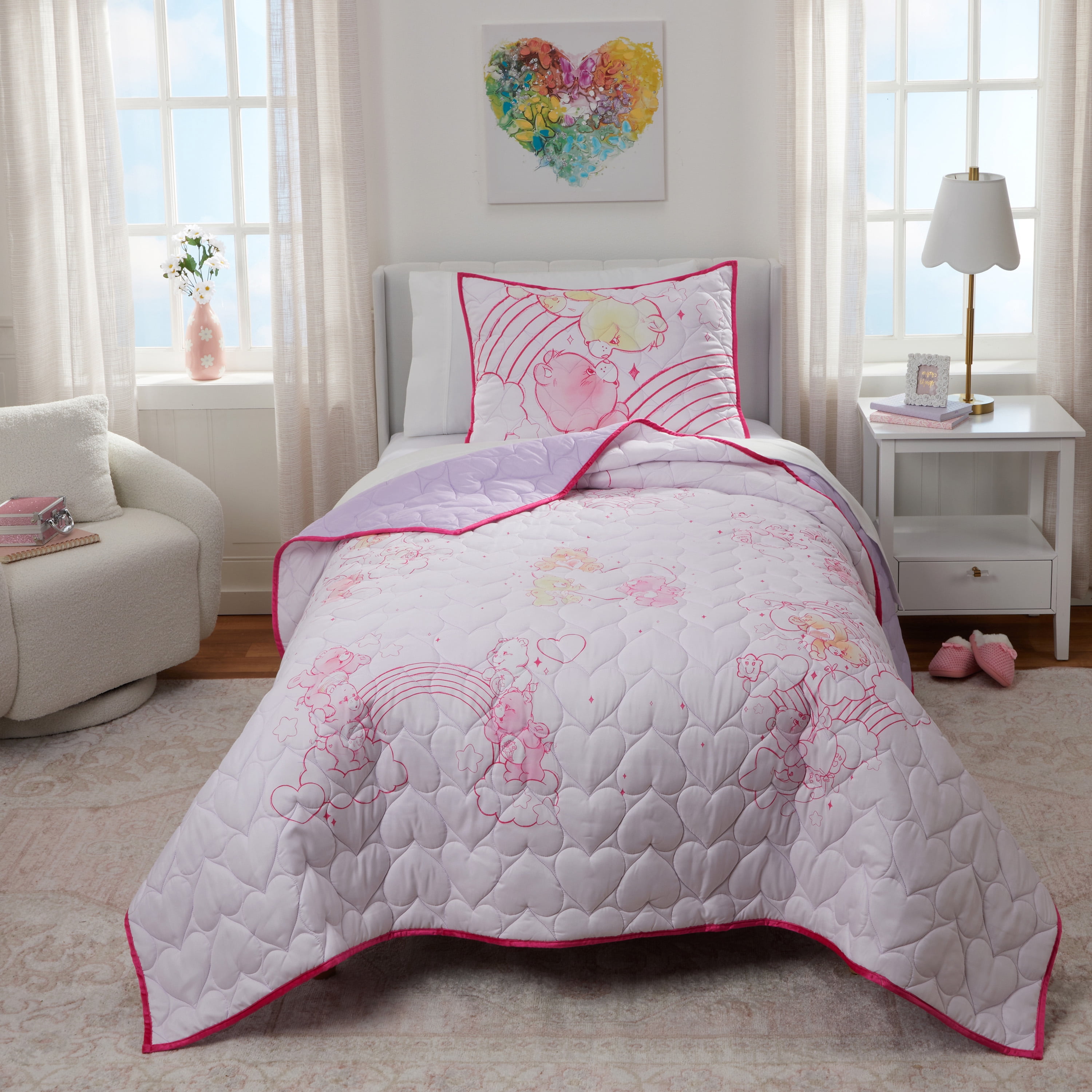 Care Bears Pink 3 Piece Quilt and Sham set, Queen