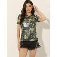 thumbnail image 3 of Camiseta informal elástica con cuello redondo y manga farol con parte superior torcida con purpurina para mujer Color Oro Negro XS, 3 of 6