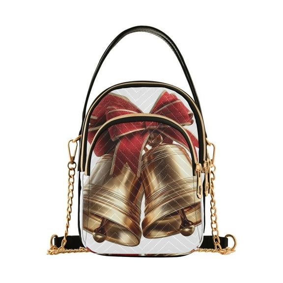 Vzayyk Crossbody Handbag With Detachable Chain Strap Multi-Zipper Pockets 3d Christmas Bells