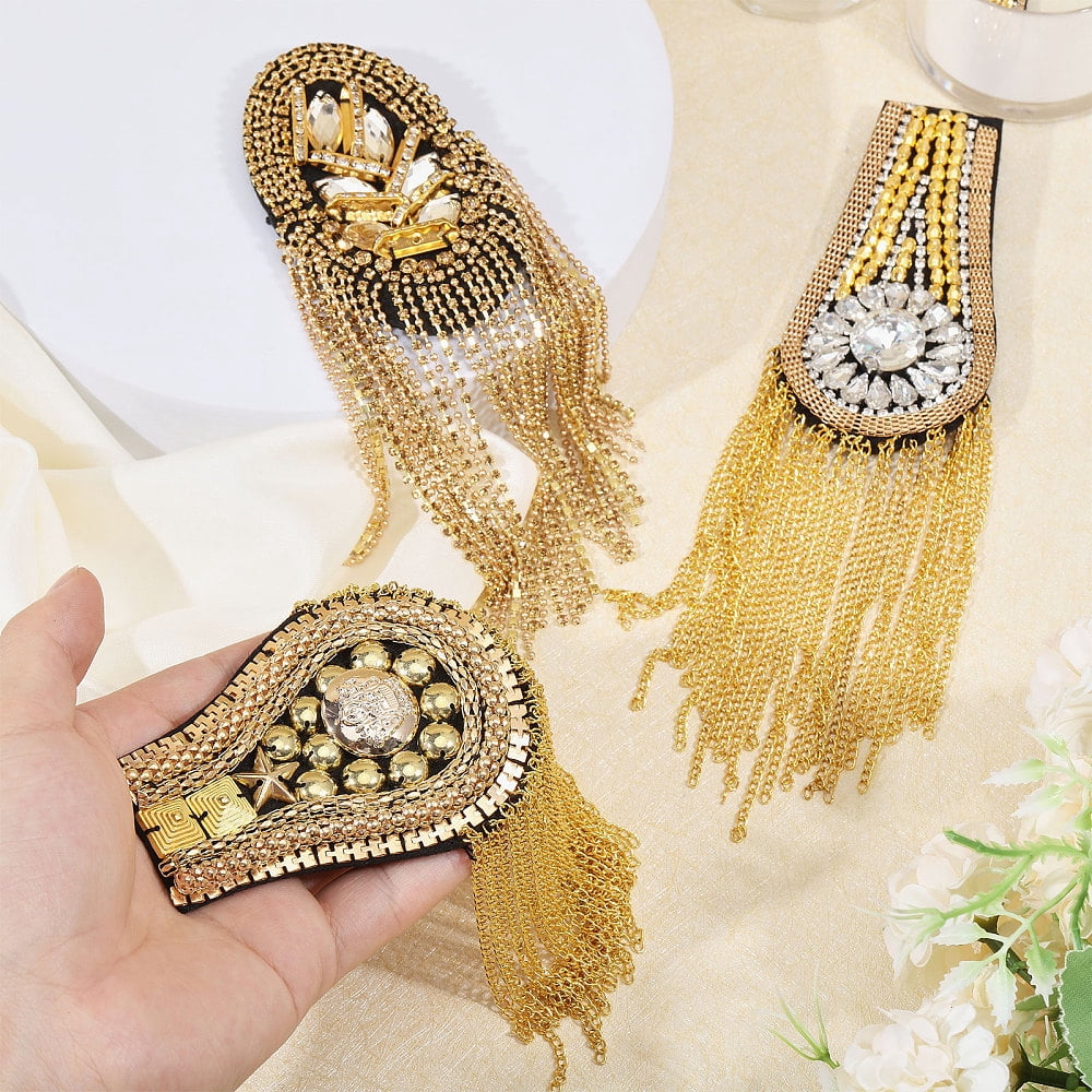6Pcs 3 Styles Rhinestone Tassel Shoulder Applique with Iron Chains & Pin Fringe Patch Shoulder Badges Fringe Shoulder Epaulette Shoulder Badge