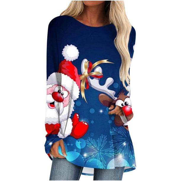 Tops de Otoño Para Mujer Tops Con Estampado de Navidad Moda Casual Manga Larga Cuello Redondo Blusa Suelta Camisas Odeerbi ODB181409