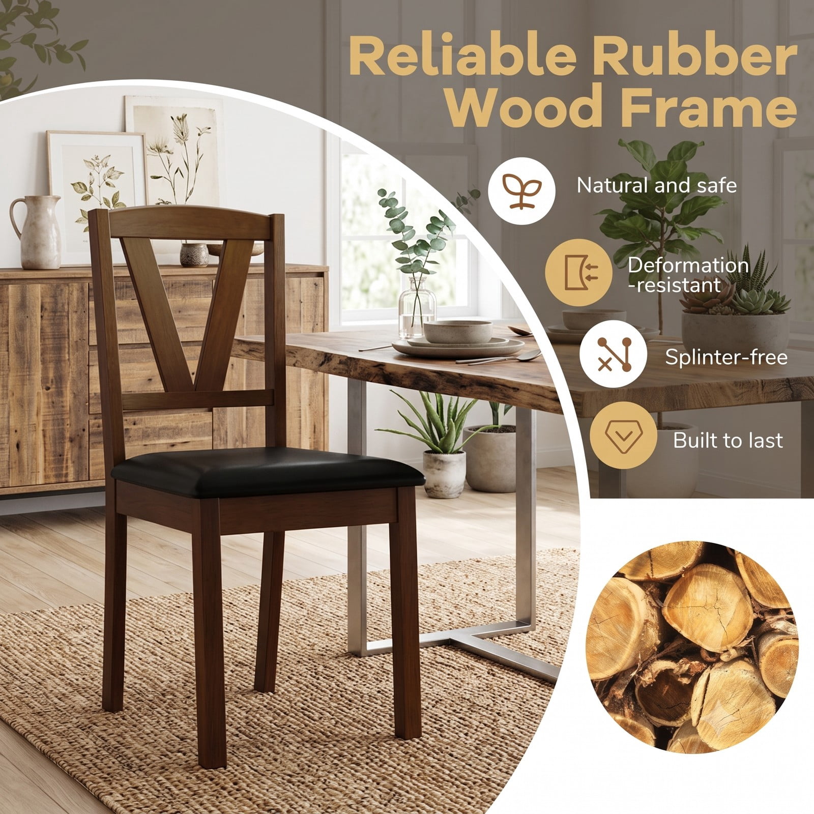 Furnibear Wooden Dining Chair Set of 2, PU Leather Upholstered Kitchen Side Chairs with Rubber Wood Frame, V-Shaped Backrest, Padded Seat for Home Restaurant, Brown
