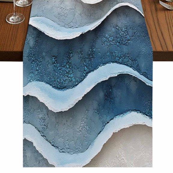 Blue Beige Short Table Runner 48 Inches Long, Coastal Vintage Modern Abstract Art Cotton Linen Table Runners Dresser Scarves, Fabric Tabletop Scarf Furniture Cover for Home Dinner Party Decor 13"x48"