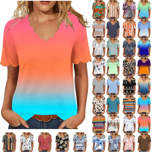 VBVC Women's Scallop V-Neck Short Sleeve T-Shirt,Ombre Print Casual Loose Fit Blouse For Women,Ladies Lightweight Summer Floral Gradient Top,Green,S-5XL