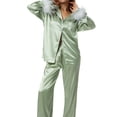 thumbnail image 1 of Aunavey Women Pajamas Set Button Down Long Sleeve Sleepwear Feather Trim Nightwear Loungewear Pjs, 1 of 9