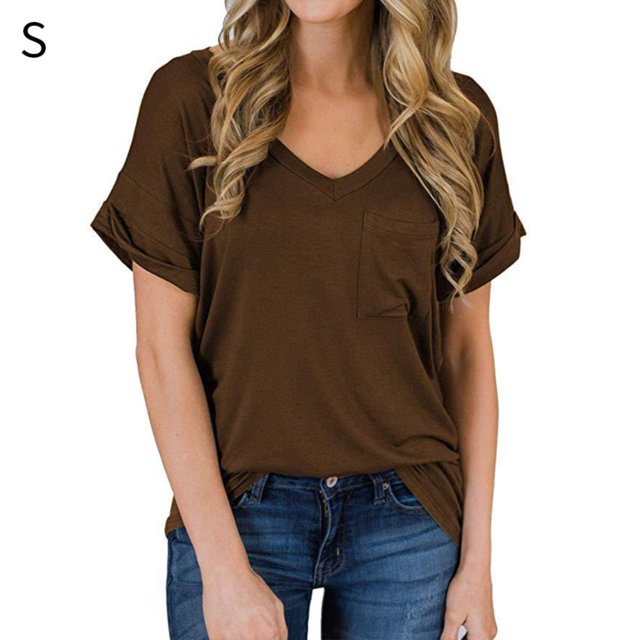 Camiseta de mujer Cuello en V Manga corta Blusa de bolsillo Verano Casual Top, Marrón, S Advancent AP001345-16