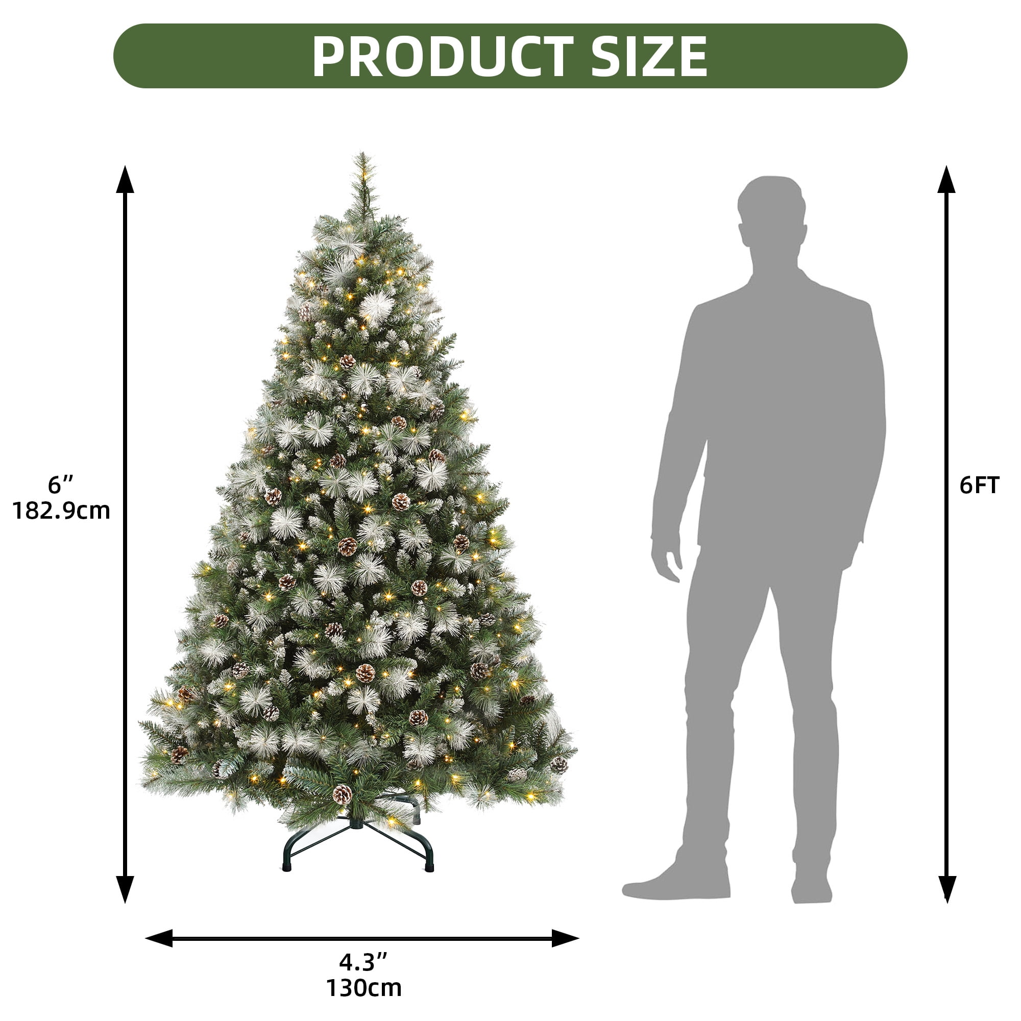 Uforic 6ft Prelit  Artificial Christmas Tree with 946 Branch Tips & 250 Lights, Pre-Decorated Scotch Pine Christmas Tree with Remote, 11 Light Modes, 56 Pine Cones, Green