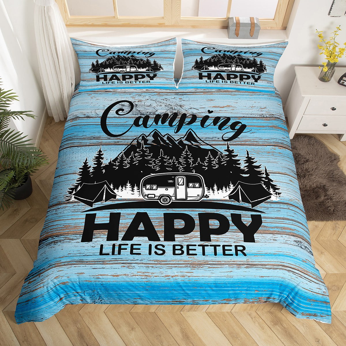 Camper Bedding Set Blue Wood Backdrop Camp Travel Car Comforter Cover