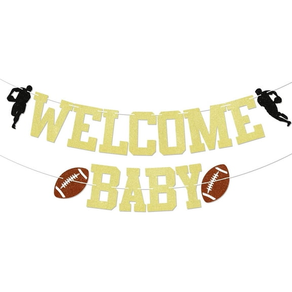 Footabll Welcome Baby Banner - Welcome Home Baby Boy Baby Shower Decorations, Football Rugby Basketball Sports Theme Shower Party Decorations Gold Glitter