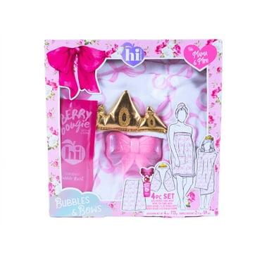 Hi Peach Layne Mama & Me Bath Wrap Set with Pink and White Bow Designs, includes Berry Bougie Bubble Bath 2 fl oz, and Pink Bow Bath Bomb 4 oz