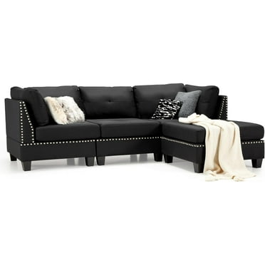 AECOJOY 88.6” Convertible Sectional Sofa Couch with Ottoman, Modern Tufted L-Shaped Couch with Reversible Chaise, Black