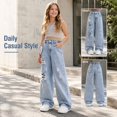 thumbnail image 5 of JIAYUE Girls Denim Pant Ripped Design Button Fly High Waist Baggy Wide Leg Jeans for Travel Soft Wear, 5 of 9