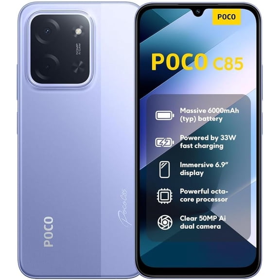 XIAOMI Poco C85 4G LTE Compatible with Tmobile Tello Mint Metro & Global Unlocked Dual SIM 6.9" 50MP Model 25078PC3EG International Version 256GB 8GB, Purple