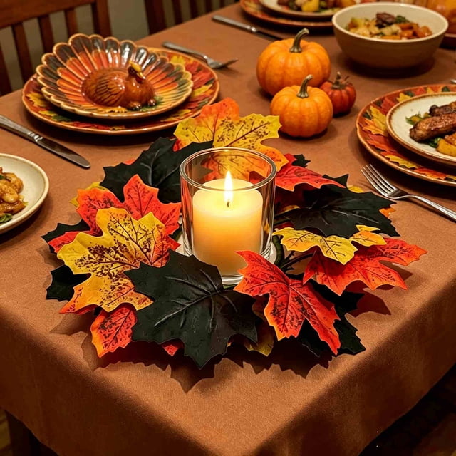 Corona de velas con forma de hoja de arce para Halloween, decoración de mesa de comedor de estilo europeo con velas – Centro de mesa de flores artificiales con portavelas festivo